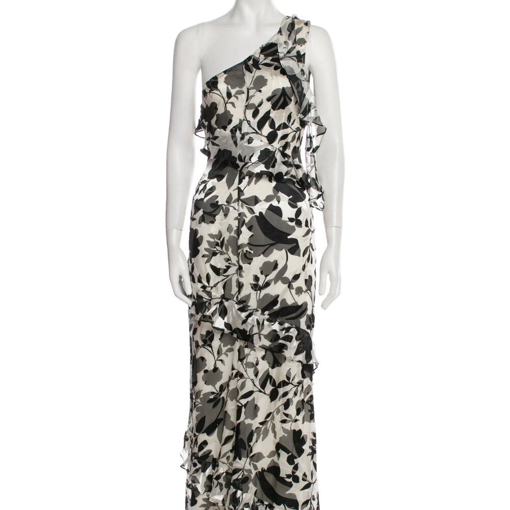 St. John Black and White One Shoulder Flutter Sleeve Gown